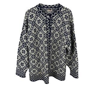 Dale of Norway Women's Blue White Long Sleeve Clasp Front Nordic Wool Sweater XL